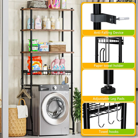 Four Tier Over The Toilet Storage Shelf Organizer For Bathroom Freestanding 4 Shelf Cabinet With Waterproof Feet installed over washing machine