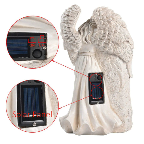 Rear view of Solar Angel Garden Statue Lights For Outdoor Decor And Yard Art No Wiring Auto Charge By Daylight Weatherproof
