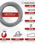 Components of 55Ft Batting Cage Cable Kit including galvanized wire rope, pulleys, turnbuckles, hooks, and clamps.