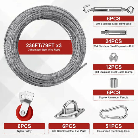 Components of 55Ft Batting Cage Cable Kit including galvanized wire rope, pulleys, turnbuckles, hooks, and clamps.