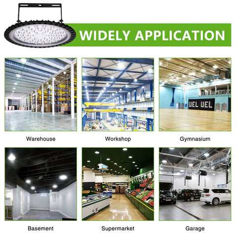Image showing 15 Pack 200W LED High Bay Lights UFO Style 6500K Daylight White 20000 Lumens For Warehouse Workshop Garage Factory Area Lighting Fixtures in various settings including warehouse, workshop, gymnasium, basement, supermarket, and garage.