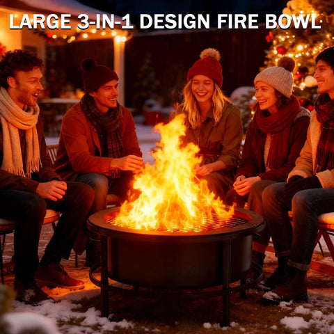 Four people enjoying a 52 Inch Outdoor Wood Burning Fire Pit Table Combo With 28 Inch Bowl And 26 Inch Rotating Table in winter