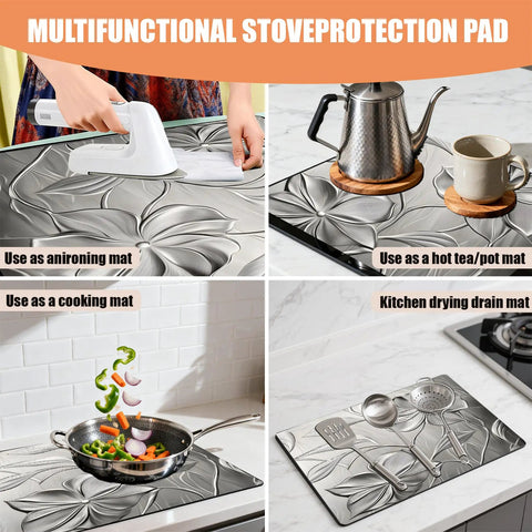 Anti Slip Electric Stove Top Cover 28 By 20 Inches Heat Resistant Glass Stove Top Protector Foldable Flower Pattern in use