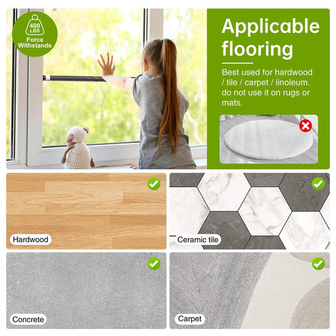 Girl reaching for window with a security bar, showcasing applicable flooring options: hardwood, concrete, ceramic tile, and carpet.