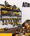 Power Tool Organizer For Gear Storage And Wall Mounted Drill Holder With Screwdriver Organizer For Garage Heavy Duty Metal Tool Shelf With Battery Holder And 320 Pound Load Capacity shown in use with organized tools.