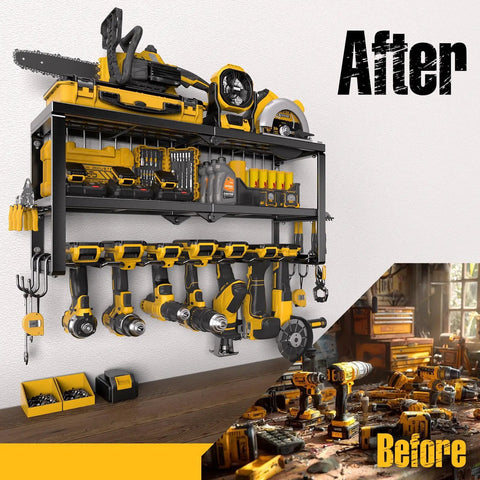 Power Tool Organizer For Gear Storage And Wall Mounted Drill Holder With Screwdriver Organizer For Garage Heavy Duty Metal Tool Shelf With Battery Holder And 320 Pound Load Capacity shown in use with organized tools.