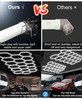 Comparison of Hexagon Garage Ceiling Lights 18-Grid LED Panel installed in a garage, showcasing mounting options and safety features.