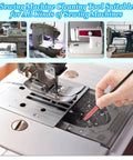 Close-up of sewing machine being cleaned with brush from All In One Sewing Machine Cleaning Kit With Tweezers Rippers Screwdrivers Double Headed Brush Lint Brush Silicone Brushes And Storage Bag For Pro Grade Quick Cleanups At Home For Your Sewing.