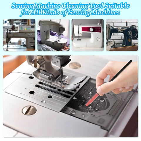 Close-up of sewing machine being cleaned with brush from All In One Sewing Machine Cleaning Kit With Tweezers Rippers Screwdrivers Double Headed Brush Lint Brush Silicone Brushes And Storage Bag For Pro Grade Quick Cleanups At Home For Your Sewing.