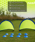Two Pack Pop Up 4Ft Soccer Goals for Kids displayed on grass with 8 field cones, highlighting easy setup and portability for backyard use.