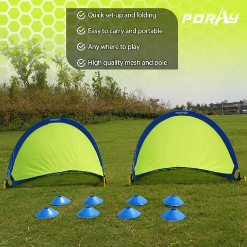 Two Pack Pop Up 4Ft Soccer Goals for Kids displayed on grass with 8 field cones, highlighting easy setup and portability for backyard use.