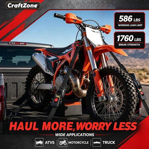 Heavy Duty Retractable Ratchet Tie Down Straps One Inch Wide By Twelve Feet Long Featuring Smooth Auto Rewind and Rock Solid Grip securing a motorcycle in a truck bed.