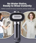 Magic 1 Vacuum Steamer for Clothes with 2300Pa fabric grip used on hanging garments, demonstrates on-the-go handheld operation.