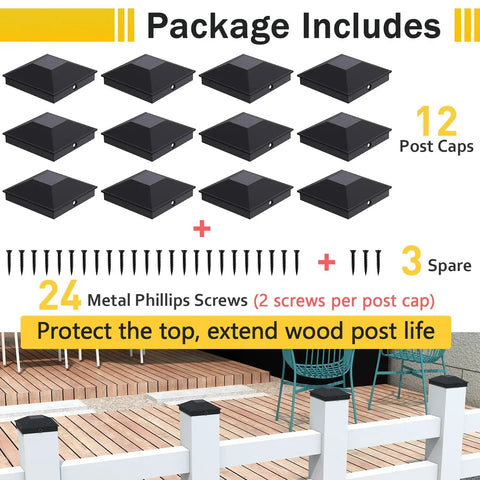 Black 3.5 By 3.5 Inch Post Caps For Wood Fence And Deck Posts 12 Pack With 24 Screws Easy Install Waterproof Plastic Caps With Frosted Finish