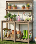 Outdoor Potting Bench With Three Tier All Weather Construction And Tool Hooks Built For Busy Green Thumbs For Backyard Or Garden With Spacious Work Surface And Hanging Storage For Gloves Scissors And Other Tools, shown with plants, tools, and storage items.