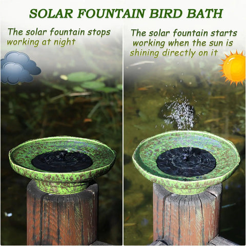 Sun Powered Ceramic Bird Bath Fountain For Outdoors Garden And Yard Decor No Battery Needed Solar Water Feature Durable High Temperature Fired Ceramic Easy Setup For Birds And Backyard Vibes in action with sunlight and stopped.