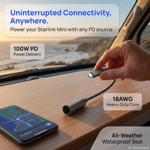 Heavy Duty USB C To DC Power Adapter Featuring 100W PD Fast Charge Waterproof Connector, 18AWG core, in use with smartphone.