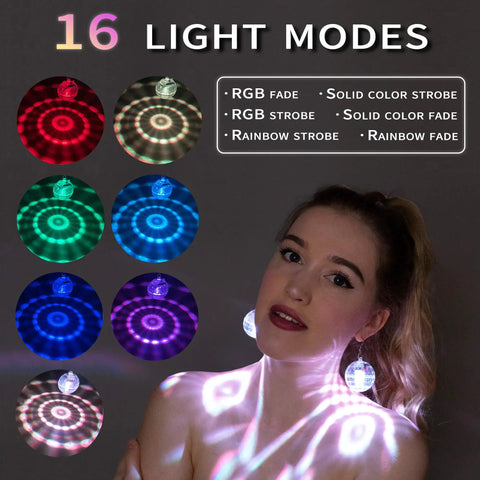 Woman wearing Disco Ball LED Earrings With 16 Color Modes, lit up in various colors against a dark background.