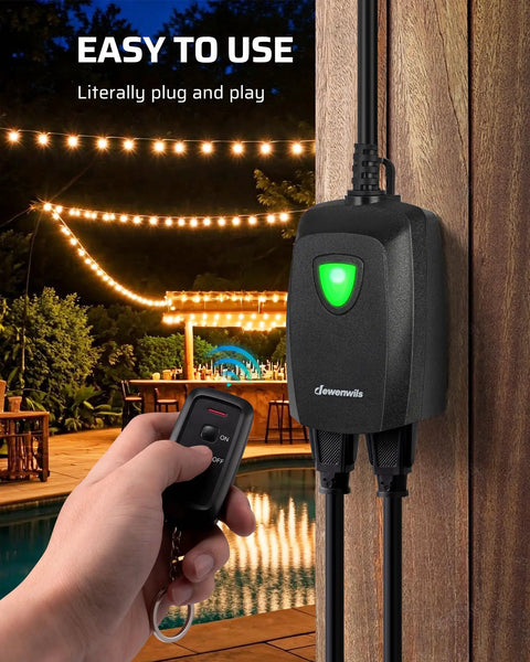 Weatherproof Outdoor Remote Control Outlet Kit With 7 Inch Extension Cord, 100 Ft Range, shown with remote in hand near patio lights