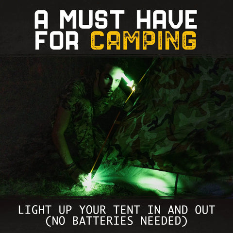 Person using Ultra Bright Green Glow Sticks Bulk Pack For Parties Camping Emergencies And Survival Kits Visible From A Mile Away Lasts 12 Hours Multi Use Glow Sticks For Night Events to light up a tent outdoors at night.