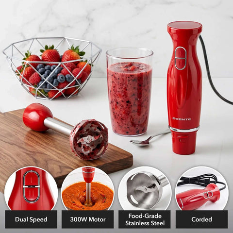 Red Corded Immersion Blender 300W with Two Speeds for Whipping Up Smoothies Sauces and Dips in a Flash on a kitchen counter.