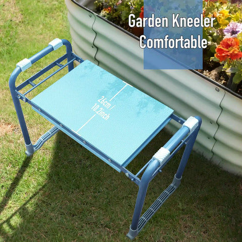 Folding Garden Stool And Kneeler With Ten Point Two Inch Kneeling Pad Heavy Duty Garden Kneeler And Seat for easy gardening shown in blue