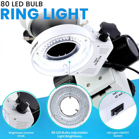 Binocular Zoom Stereo Microscope With Boom Stand, 3.5X To 90X Magnification, Built For Labs, Engravers, And Repairs, Pro-Grade Greenough Optics For Sharp, Hands-On Detail And Precision Work. 80-LED ring light with brightness knob and on/off switch