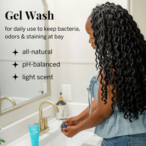 Woman using gel wash for Menstrual Disc Starter Kit With Medical Grade Silicone All Inclusive Set Includes Medium And Large Discs
