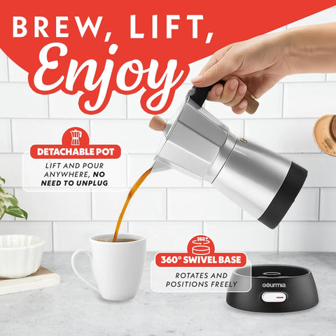 Person pouring coffee from Electric Moka Pot Espresso Maker For Home Daily Brews 6 Shot Italian Style Coffee Brewer into cup