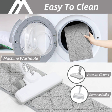 Non Slip Stair Treads For Indoor Wood Steps 28x9 Inch Edging Rugs 4 Pack Low Profile Carpet Mats With TPE Backing Grey shown in washing machine and with vacuum cleaner.
