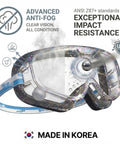 Killer Clarity Anti Fog Safety Goggles Over Glasses With Scratch Resistant Panoramic Shield, showing advanced anti-fog features.