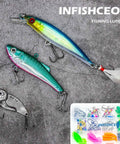 All In One 71 Piece Fishing Lure Kit For Saltwater And Freshwater Bass Angling Includes Crankbaits Spinner Baits Frog Lure Soft Plastics Jigs Spoon Lures And More Ultimate Tackle Set For Pros And Beginners displayed on a textured background with a small tackle box visible.