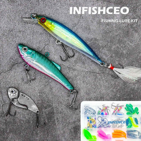 All In One 71 Piece Fishing Lure Kit For Saltwater And Freshwater Bass Angling Includes Crankbaits Spinner Baits Frog Lure Soft Plastics Jigs Spoon Lures And More Ultimate Tackle Set For Pros And Beginners displayed on a textured background with a small tackle box visible.