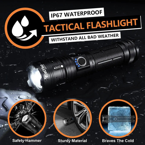 Rechargeable LED Flashlight 20000 Lumen XHP70 Quad Core Handheld Torch With Long Range Beam shown in waterproof setting