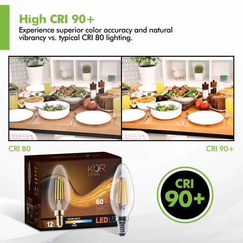Comparison of CRI 80 vs CRI 90+ lighting with 12 Pack LED E12 Candelabra Filament Bulbs 60W Equivalent Dimmable Clear Vintage Style 2700K Warm White Energy Saving Chandelier Ceiling Fan Bulbs For Dimmers And Decor No Fuss.