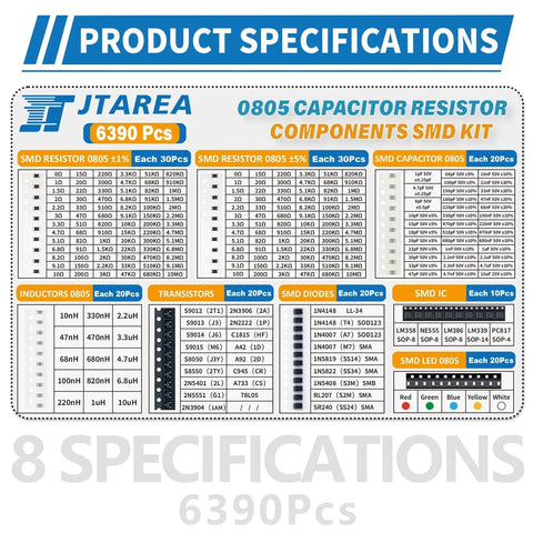 Specification chart for 6390-Piece SMD 0805 Resistors Capacitors LEDs Diodes ICs Transistors Inductors SMT All-in-One Kit