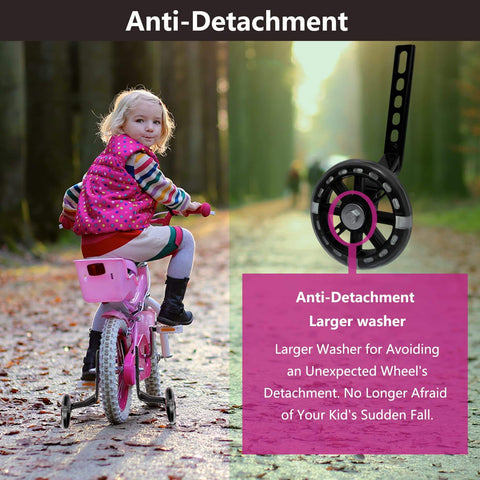 Quiet Training Wheels Kit For 12 To 20 Inch Kids Bikes, Mute Wheel System, child riding bike on path with wheels, anti-detachment feature.