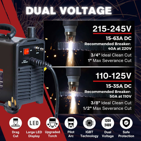 63 Amp CNC Plasma Cutter With Drag Cut, Non HF Blowback Pilot Arc For Auto Start, Clean Three Quarters Inch Cut And One Inch Sever, THC Arc OK, Dual Voltage 110/220V, LED Controls, Portable Air Plasma Cutter For Shop And Fab with dual voltage display and recommended breaker settings