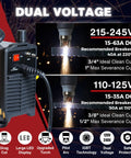 Image of 63 Amp Non Touch Pilot Arc Plasma Cutter With Drag Cut featuring dual voltage specifications and usage details.
