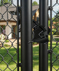 Wmebee Chain Link Fence Butterfly Gate Latch, Black Powder Coated mounted on a fence gate with a black finish.