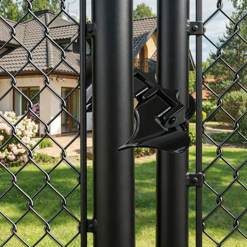 Wmebee Chain Link Fence Butterfly Gate Latch, Black Powder Coated mounted on a fence gate with a black finish.
