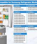 Open fridge showcasing upgraded refrigerator door bin with Sumsung model compatibility list for RF4287HARS XAA/ RF4289HARS XAA.