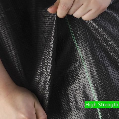 Close-up of Heavy Duty Weed Barrier Fabric 3ft By 300ft 3.2oz Tear-Resistant Ground Cover with green stitching