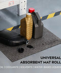 Get That Spill Ready Universal Absorbent Mat Roll 15 Inches By 50 Feet For Shops With 4 Rolls, Absorbing Up To 6 Gallons Per Roll, Perfect Gray Sorbent Pad For Oil Water Coolant And Hydraulic Fluids In Your Garage Or Warehouse with oil containers on it.