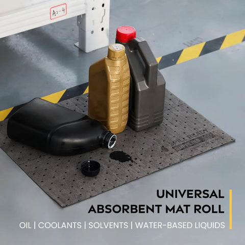 Get That Spill Ready Universal Absorbent Mat Roll 15 Inches By 50 Feet For Shops With 4 Rolls, Absorbing Up To 6 Gallons Per Roll, Perfect Gray Sorbent Pad For Oil Water Coolant And Hydraulic Fluids In Your Garage Or Warehouse with oil containers on it.