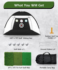 Home Golf Net 10x7ft Set With Foldable Tri Turf Mat And Training Target showing net, balls, tee, ground stakes, and bag