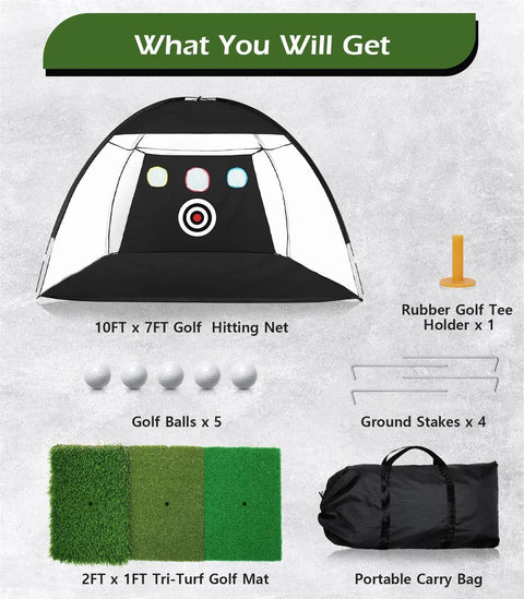 Home Golf Net 10x7ft Set With Foldable Tri Turf Mat And Training Target showing net, balls, tee, ground stakes, and bag