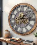 Real Moving Gear Wall Clock Vintage Industrial Home Decor Massive Rustic Farmhouse Timepiece 24 Inch Wood Panel with gears
