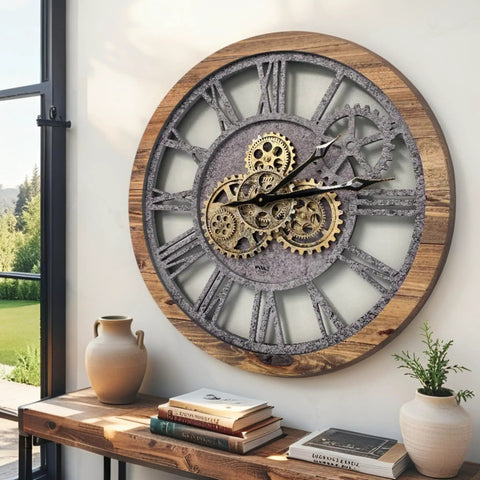 Real Moving Gear Wall Clock Vintage Industrial Home Decor Massive Rustic Farmhouse Timepiece 24 Inch Wood Panel with gears