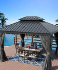 10 By 12 Foot Hardtop Gazebo With Rugged Aluminum Frame And Galvanized Steel Double Roof, Outdoor Pavilion, Gray, on deck by pool